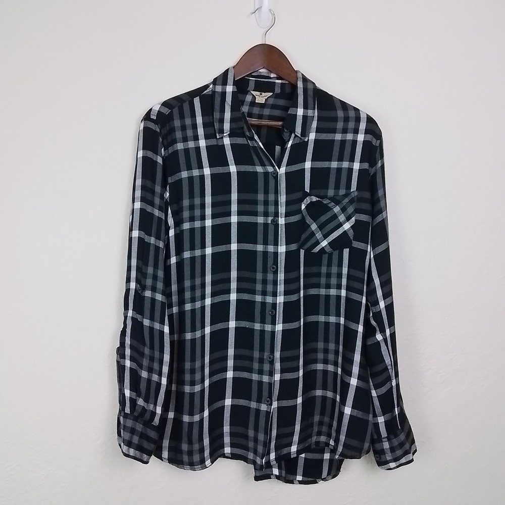 Woolrich Womens Flannel Shirt XL Black‎ White Plaid Relaxed Fit Roll Tab Sleeves